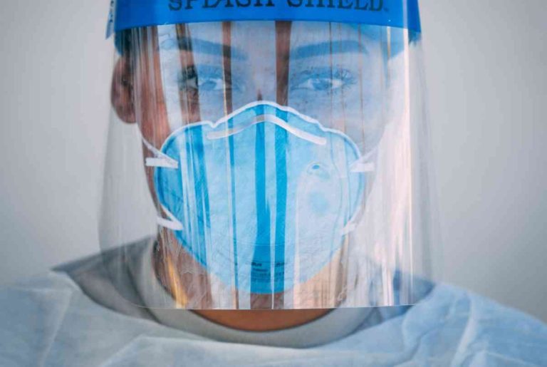 A medical worker with coronavirus protective garments