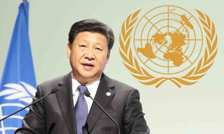 Xi Jinping at the UN climate conference (credit: UNclimatechange, flickr.com Attribution 2.0 Generic) and the Emblem of the United Nations(Credit: Spiff~enwiki, public domain)